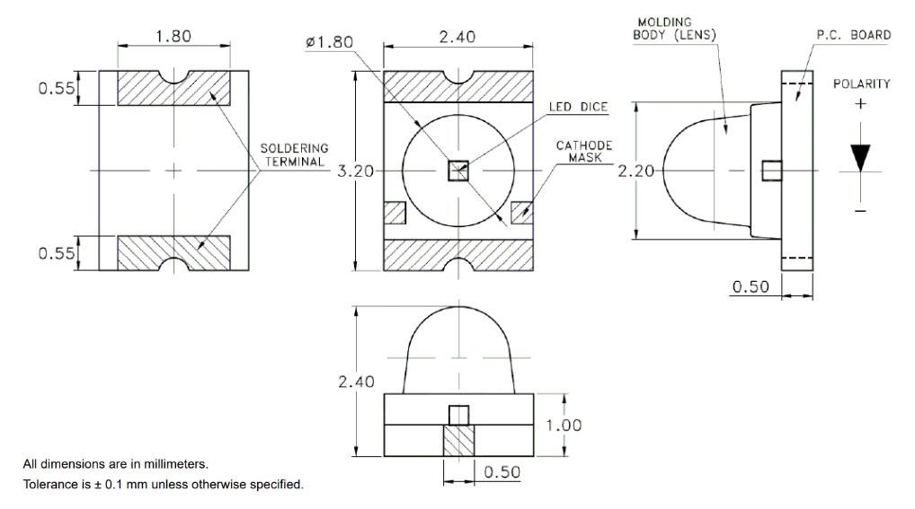 Mechanical Drawing - Broadcom ASMT-Bx20 PCB PolyLEDs