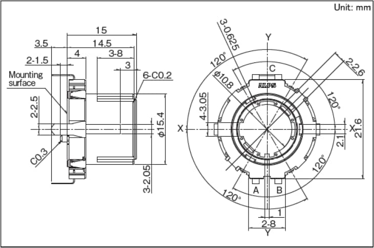 Mechanical Drawing - Alps Alpine EC21A Ring-Type Encoders