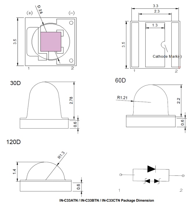 Mechanical Drawing - Inolux IN-C33xTN 3535 UV LEDs Mechanical Drawing - Inolux IN-C33xTN 3535 UV LEDs