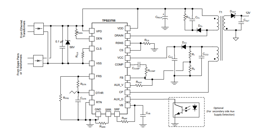 Applikations-Schaltungsdiagramm - Texas Instruments TPS23755 PoE-DC/DC-Controller