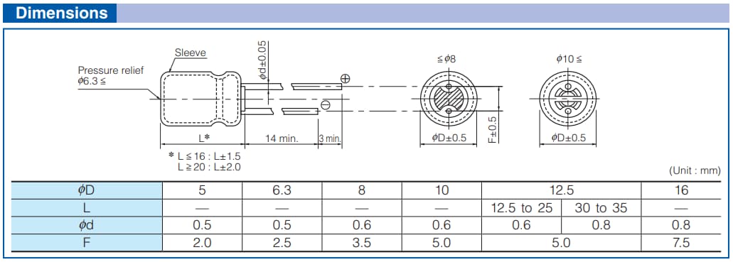 Technische Zeichnung - Panasonic EEU-FR-Baureihe Aluminium-Elektrolytkondensatoren