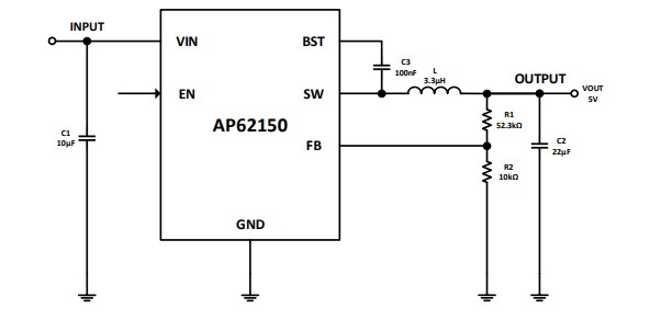 Applikations-Schaltungsdiagramm - Diodes Incorporated AP62150 Synchroner Abwärtswandler