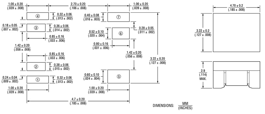 Technische Zeichnung - Bourns SM453230-1x1N7Y Chip-LAN-Transformatoren Technische Zeichnung - Bourns SM453230-1x1N7Y Chip-LAN-Transformatoren