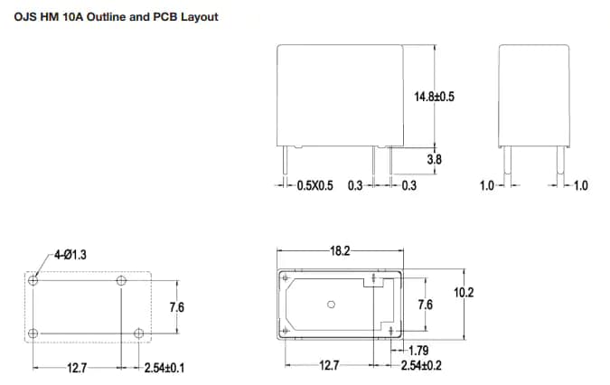 Technische Zeichnung - TE Connectivity OJS Miniatur-PCB-Relais 