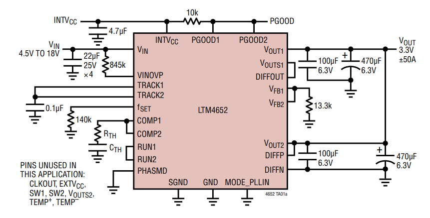 Applikations-Schaltungsdiagramm - Analog Devices Inc. LTM4652 µModule®-Regler