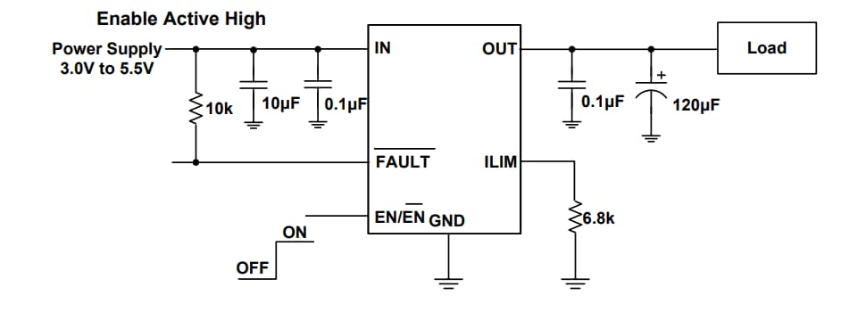 Applikations-Schaltungsdiagramm - Diodes Incorporated AP22654/AP22655 einstellbare Präzisionsschalter 