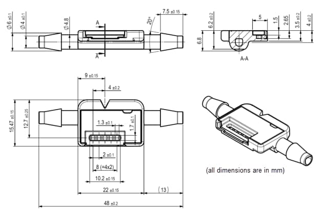 Technische Zeichnung - Sensirion LD20-2600B Durchflusssensor Technische Zeichnung - Sensirion LD20-2600B Durchflusssensor
