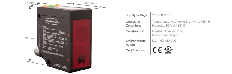 Banner Engineering L-GAGE® LE250/550 Analog-Discrete Laser Sensors