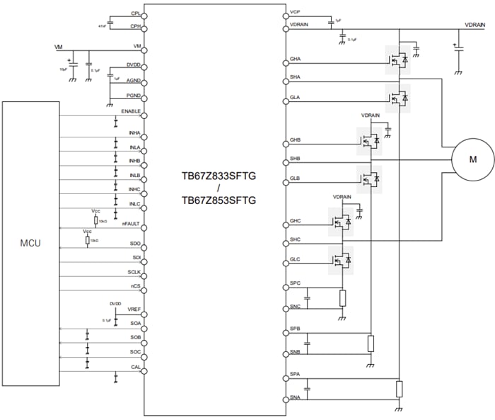 Applikations-Schaltungsdiagramm - Toshiba TB67Z8x 80 V-Dreiphasen-Gate-Treiber