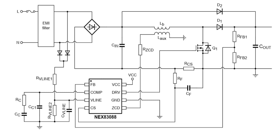 Applikations-Schaltungsdiagramm - Nexperia NEX8x88 Leistungsfaktorkorrektur (PFC)-Controller