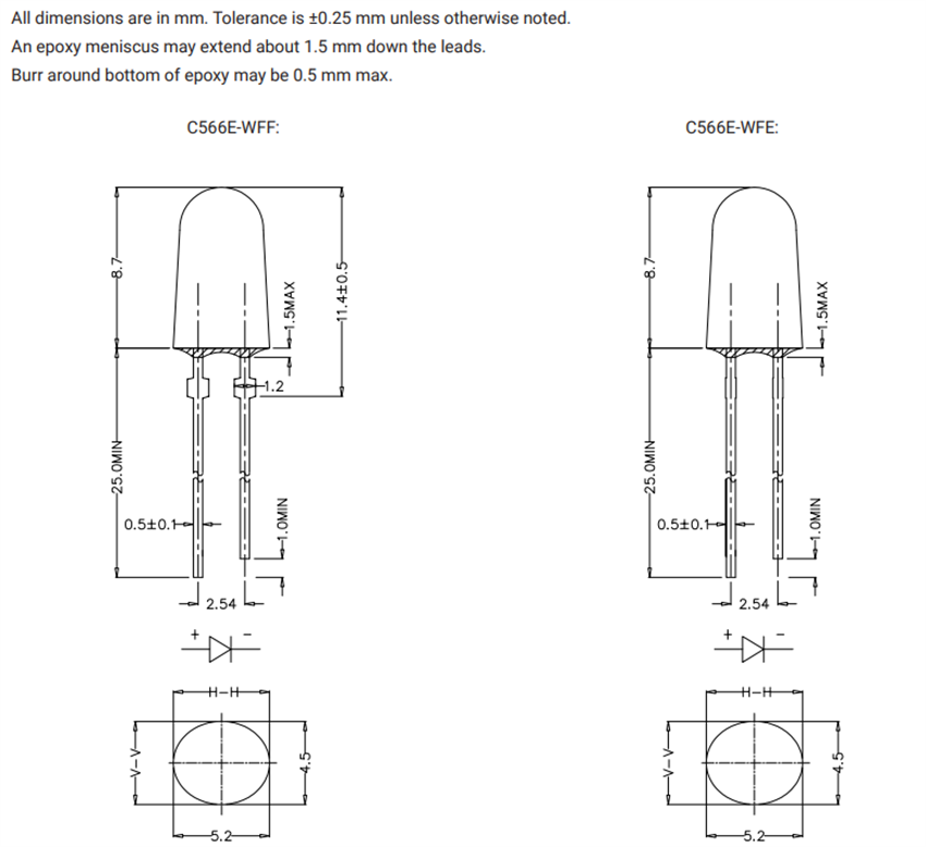 Mechanical Drawing - Cree LED C566E-WFF/C566E-WFE 5mm Oval White LEDs