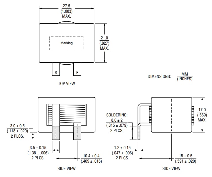 Technische Zeichnung - Bourns ER26A Hochstrom-Flachdrahtinduktivitäten
