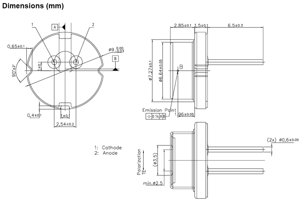 Technische Zeichnung - ams OSRAM PLPT9 450MD_E Metallgehäuse- Laserdiode