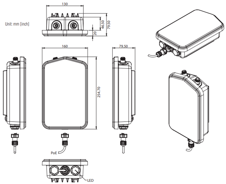 Technische Zeichnung - Advantech Drahtloses Industrie-Gateway WISE-6610P mit 16 Kanälen und LoRaWAN-Technologie