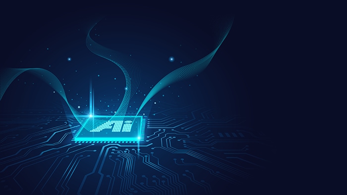 illustration with semiconductor processor at the center of a neon, glowing head and brain
