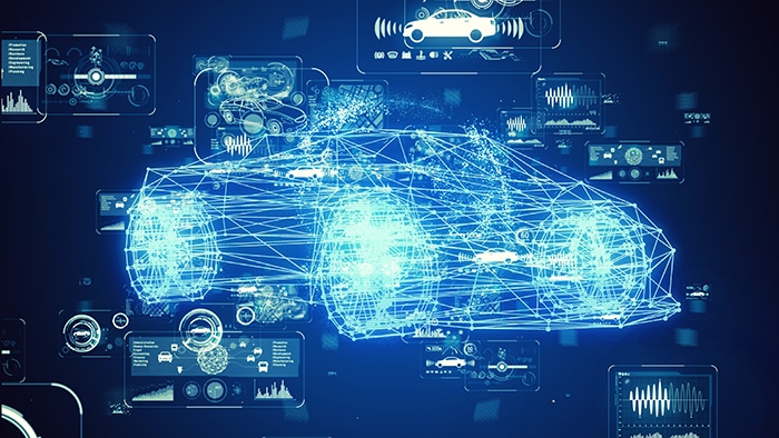 Automotive technology concept. Intelligent Transport Systems. Autonomous car. 3D rendering.